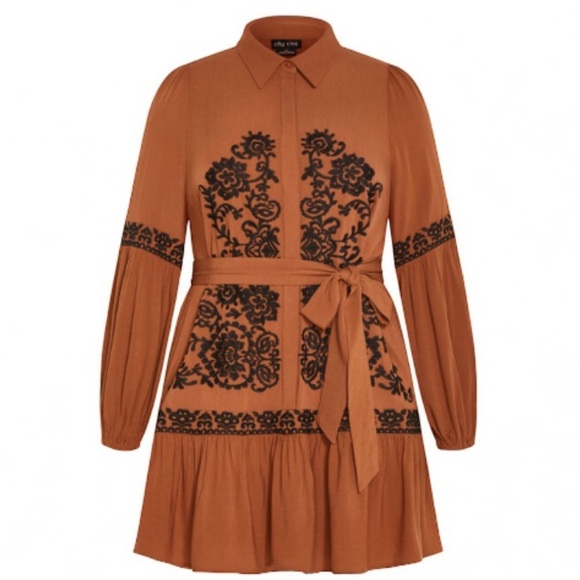 City Chic Dresses & Skirts - City Chic Caramel Black Embroidered Dress Boho Mini Long Sleeve Plus Size 16 NWT